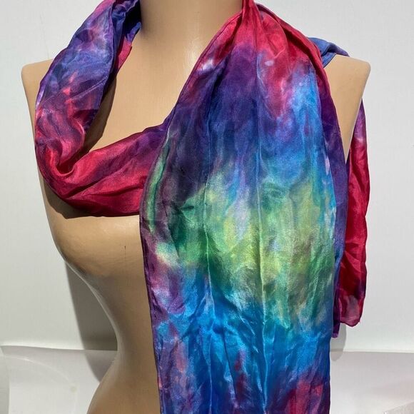 Women's Multicolor 100% Silk Satin Hand Dye Wrap Scarf - Picture 1 of 6